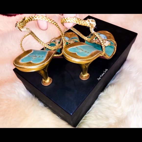 FENDI Gold Braided Embellishment Fish Ornate Crystal Sandal Heels - Picture 9 of 11